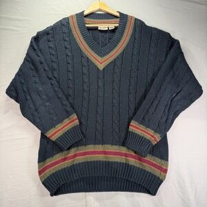 Vintage Cable Knit Tennis Sweater Mens Large Preppy Ivy League Criquet Blue 90s